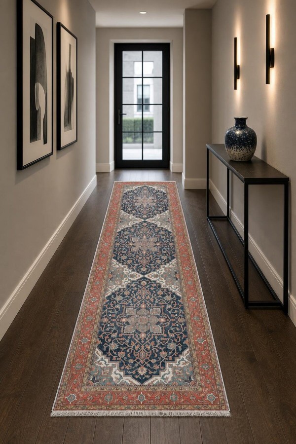 Lacivert Mutfak Halısı Alternatifi Klasik Desenli Saçaklı Kilim Yolluk