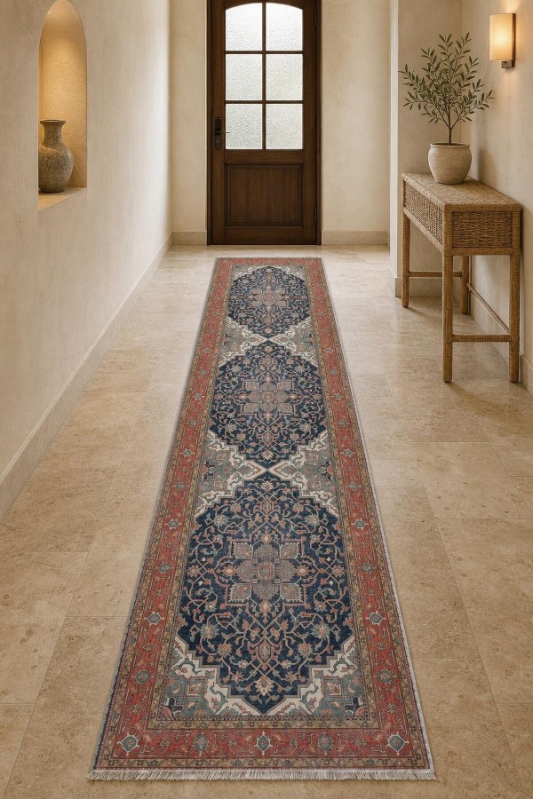 Lacivert Mutfak Halısı Alternatifi Klasik Desenli Saçaklı Kilim Yolluk