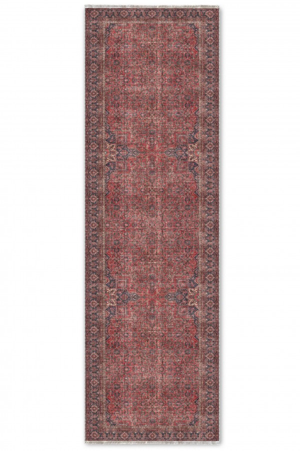 Kırmızı Mutfak Halısı Olarak Da Kullanılabilen Klasik Desenli Saçaklı Kilim Yolluk