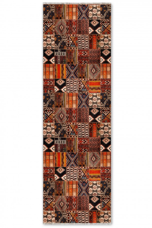Kırmızı Mutfak Halısı Alternatifi Bohem Geometrik Desenli Saçaklı Kilim Yolluk