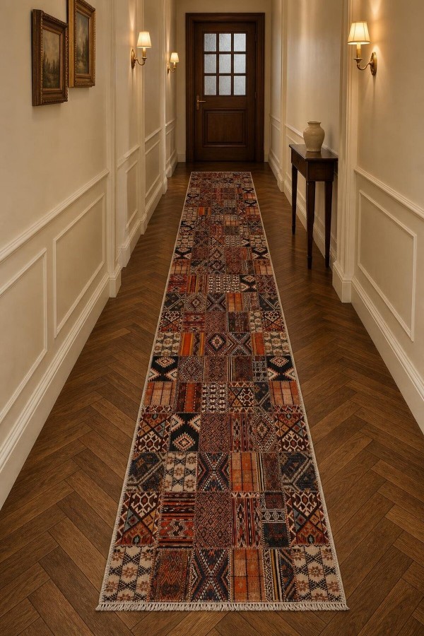 Kırmızı Mutfak Halısı Alternatifi Bohem Geometrik Desenli Saçaklı Kilim Yolluk