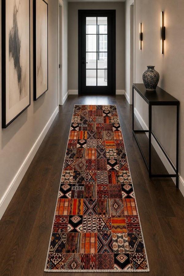 Kırmızı Mutfak Halısı Alternatifi Bohem Geometrik Desenli Saçaklı Kilim Yolluk