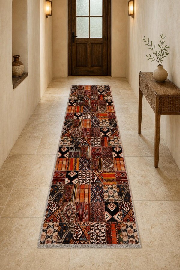 Kırmızı Mutfak Halısı Alternatifi Bohem Geometrik Desenli Saçaklı Kilim Yolluk