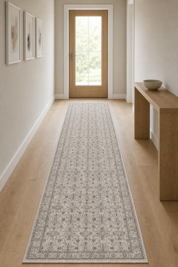 Açık Gri Klasik Çiçek Desenli Kilim Yolluk Ve Gri Mutfak Halısı Alternatifi