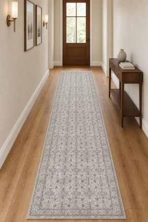 Açık Gri Klasik Çiçek Desenli Koridor Kilim Yolluk KY3058