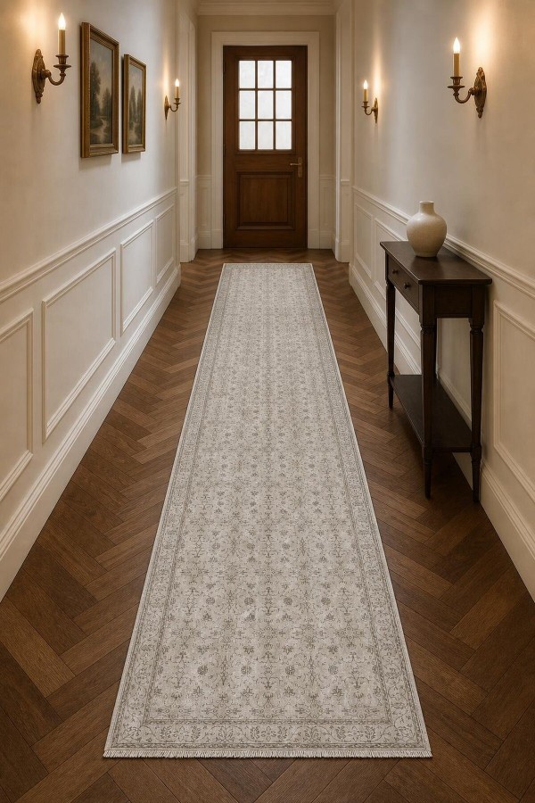 Açık Gri Klasik Çiçek Desenli Kilim Yolluk Ve Gri Mutfak Halısı Alternatifi