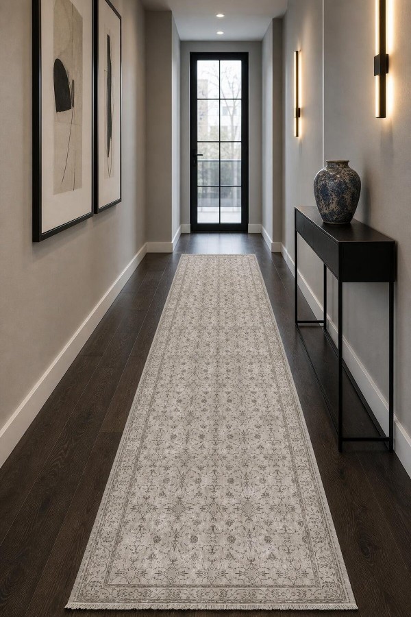 Açık Gri Klasik Çiçek Desenli Kilim Yolluk Ve Gri Mutfak Halısı Alternatifi