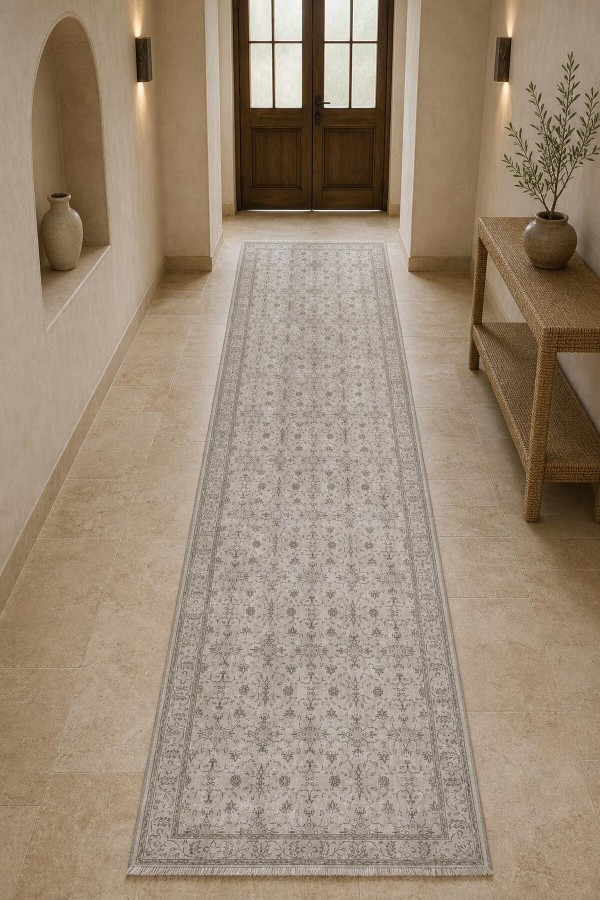 Açık Gri Klasik Çiçek Desenli Kilim Yolluk Ve Gri Mutfak Halısı Alternatifi