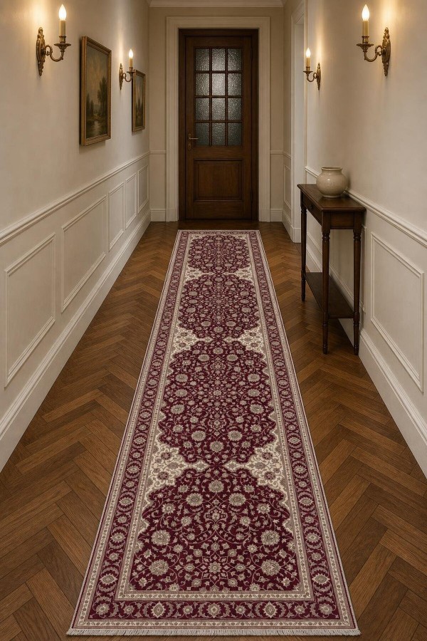 Bordo Mutfak Halısı Arayanlar İ̇̇çin Klasik Çiçek Desenli Saçaklı Kilim Yolluk