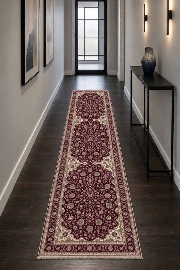 Bordo Mutfak Halısı Arayanlar İ̇̇çin Klasik Çiçek Desenli Saçaklı Kilim Yolluk