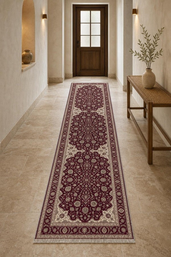 Bordo Mutfak Halısı Arayanlar İ̇̇çin Klasik Çiçek Desenli Saçaklı Kilim Yolluk