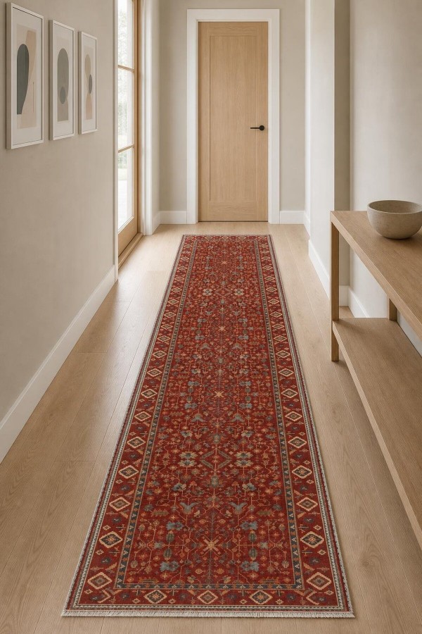 Kırmızı Mutfak Halısı Arayanlar İ̇̇çin Klasik Çiçek Desenli Saçaklı Kilim Yolluk