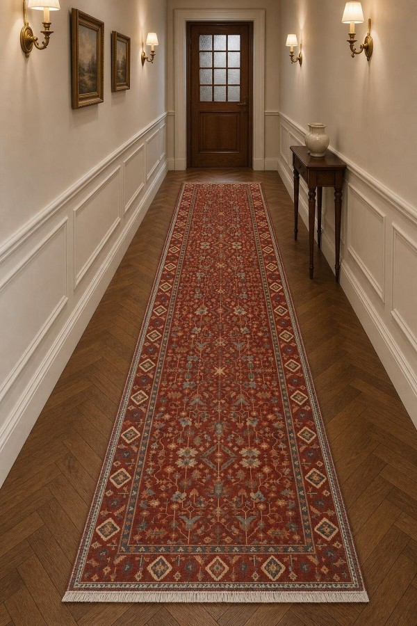 Kırmızı Mutfak Halısı Arayanlar İ̇̇çin Klasik Çiçek Desenli Saçaklı Kilim Yolluk