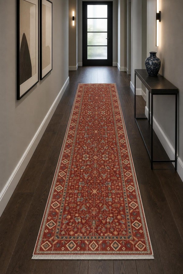 Kırmızı Mutfak Halısı Arayanlar İ̇̇çin Klasik Çiçek Desenli Saçaklı Kilim Yolluk