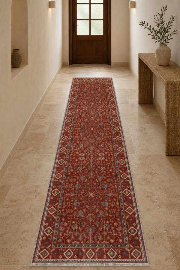Kırmızı Mutfak Halısı Arayanlar İ̇̇çin Klasik Çiçek Desenli Saçaklı Kilim Yolluk