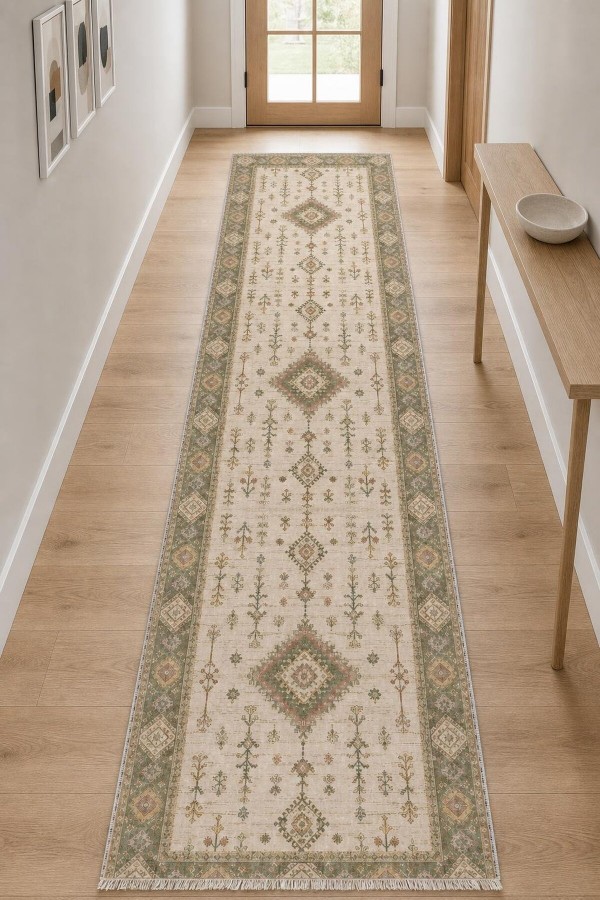 Bej Klasik Çiçek Desenli Saçaklı Kilim Yolluk Ve Mutfak Halısı Kullanımı