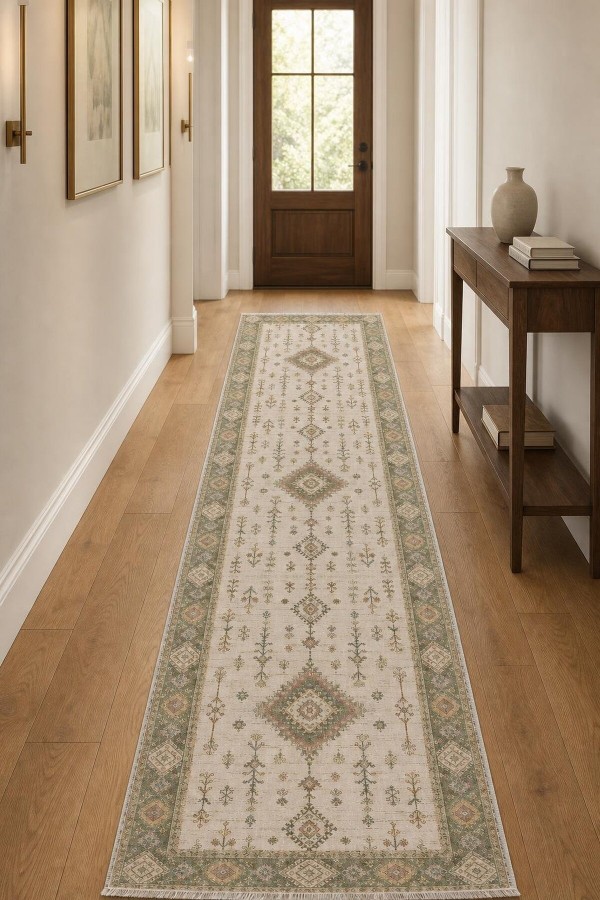 Bej Klasik Çiçek Desenli Saçaklı Kilim Yolluk Ve Mutfak Halısı Kullanımı