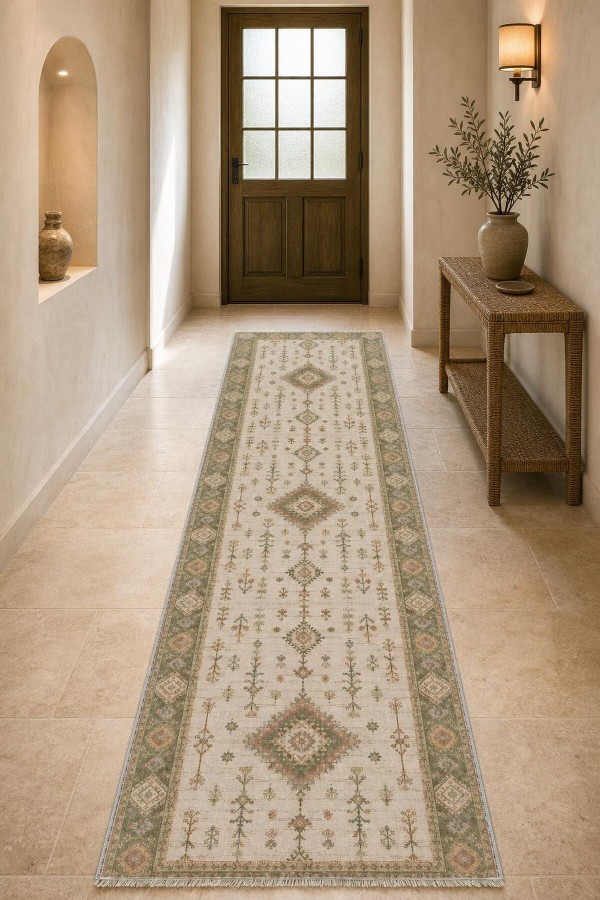 Bej Klasik Çiçek Desenli Saçaklı Kilim Yolluk Ve Mutfak Halısı Kullanımı