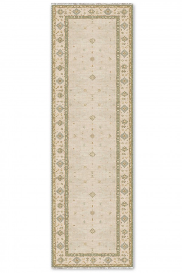 Bej Mutfak Halısı Alternatifi Klasik Çiçek Desenli Saçaklı Kilim Yolluk