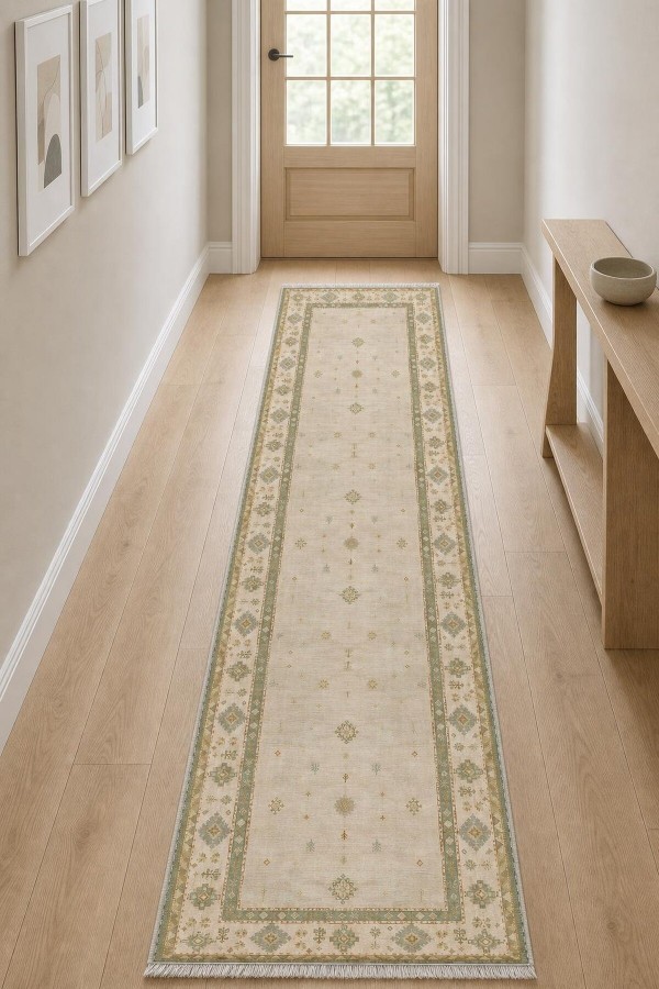 Bej Mutfak Halısı Alternatifi Klasik Çiçek Desenli Saçaklı Kilim Yolluk