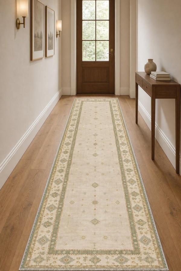 Bej Mutfak Halısı Alternatifi Klasik Çiçek Desenli Saçaklı Kilim Yolluk