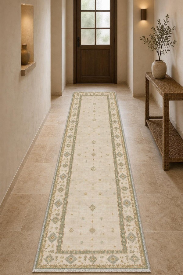 Bej Mutfak Halısı Alternatifi Klasik Çiçek Desenli Saçaklı Kilim Yolluk