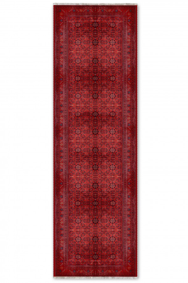 Kırmızı Mutfak Halısı Kullanımına Uygun Klasik Desenli Saçaklı Kilim Yolluk