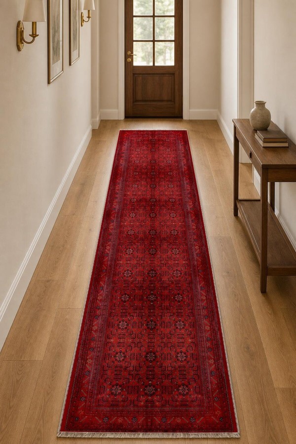 Kırmızı Mutfak Halısı Kullanımına Uygun Klasik Desenli Saçaklı Kilim Yolluk
