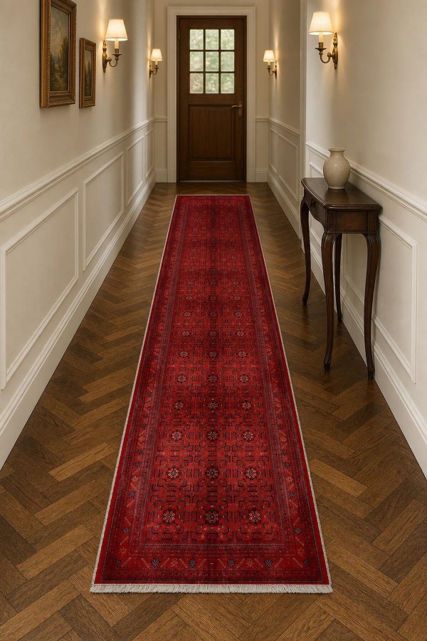 Kırmızı Mutfak Halısı Kullanımına Uygun Klasik Desenli Saçaklı Kilim Yolluk