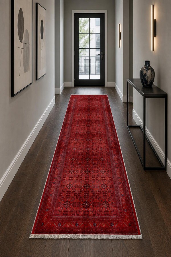 Kırmızı Mutfak Halısı Kullanımına Uygun Klasik Desenli Saçaklı Kilim Yolluk