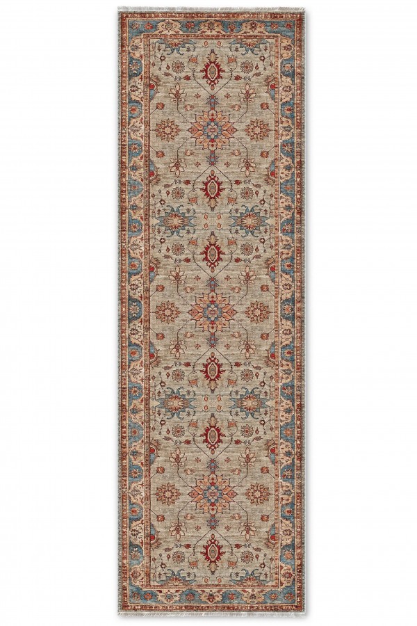 Bej Mutfak Halısı Kullanımına Uygun Klasik Çiçek Desenli Saçaklı Kilim Yolluk