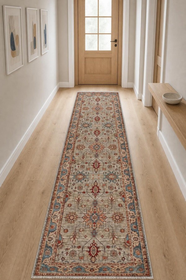 Bej Mutfak Halısı Kullanımına Uygun Klasik Çiçek Desenli Saçaklı Kilim Yolluk