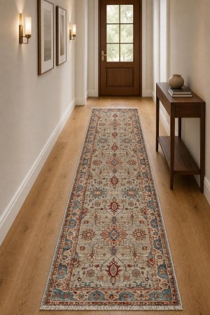 Bej Klasik Çiçek Desenli Koridor Kilim Yolluk Halı KY3031