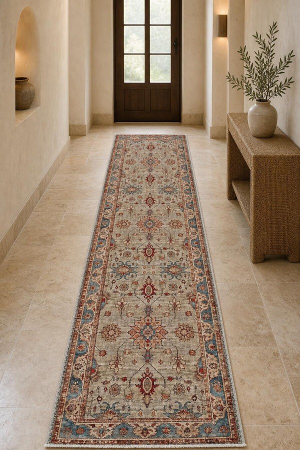 Bej Mutfak Halısı Kullanımına Uygun Klasik Çiçek Desenli Saçaklı Kilim Yolluk