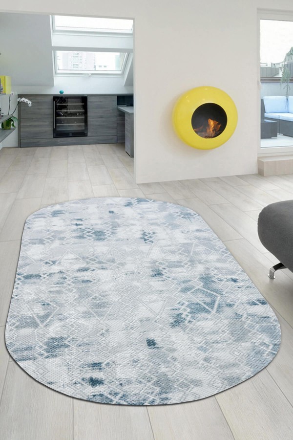 Mavi Kaymaz Tabanlı Kabartmalı Oval Yolluk Halı VZ8004O