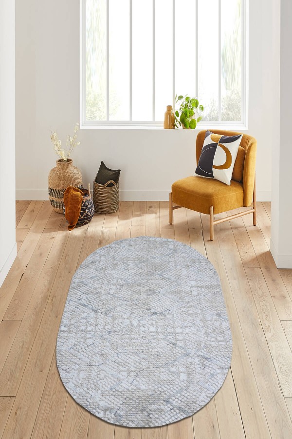 Krem Kaymaz Tabanlı Kabartmalı Oval Yolluk Halı VZ8009O