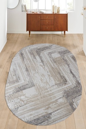 Krem Kaymaz Tabanlı Kabartmalı Oval Yolluk Halı YM9016O