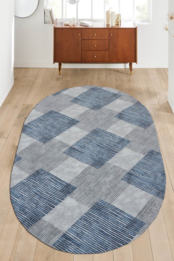 Mavi Kaymaz Tabanlı Kabartmalı Oval Yolluk Halı YM9022O