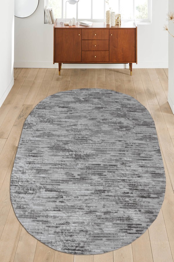 Gri Kaymaz Tabanlı Kabartmalı Oval Yolluk Halı YM9915O