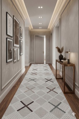 Bej Modern Desenli Kaymaz Tabanlı Rulo Yolluk Halı 3006