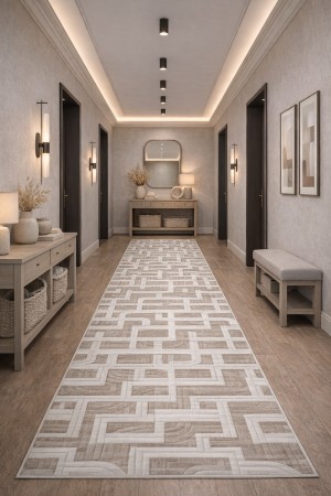 Bej Modern Desenli Kaymaz Tabanlı Rulo Yolluk Halı 3007