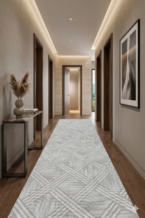 Gri Modern Desenli Kaymaz Tabanlı Rulo Yolluk Halı 3008