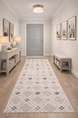 Bej Modern Desenli Kaymaz Tabanlı Rulo Yolluk Halı 3010