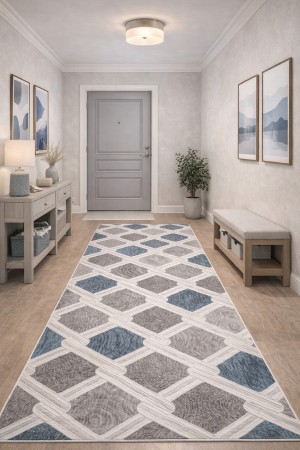 Mavi Modern Desenli Kaymaz Tabanlı Rulo Yolluk Halı 3011