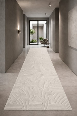 Krem Modern Desenli Kaymaz Tabanlı Rulo Yolluk Halı 3017