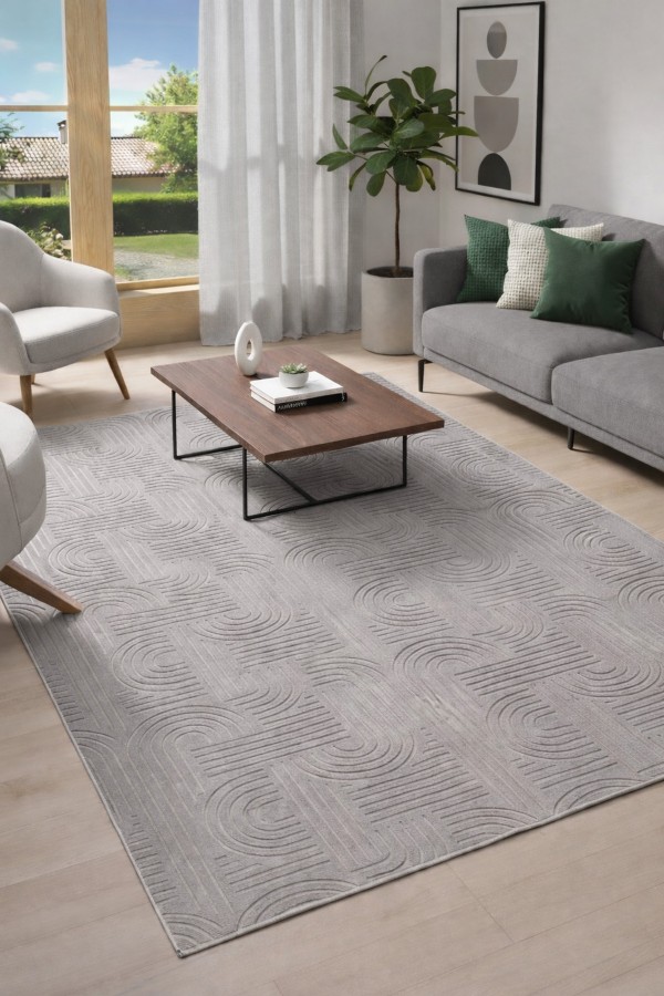 Gri Mutfak Halısı Ve Geometrik Desenli Kaymaz Tabanlı Yolluk Rulo 8 mm Havlı