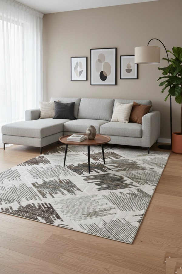 Gri Mutfak Halısı Kullanımına Uygun Modern Geometrik Desenli Kaymaz Tabanlı Yolluk Rulo