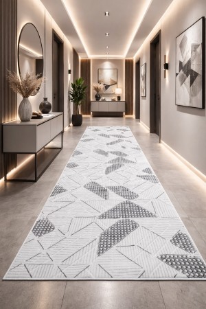 Gri Modern Desenli Kaymaz Tabanlı Rulo Yolluk Halı 3023