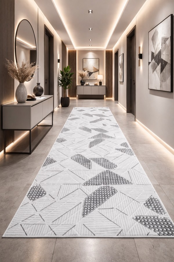 Gri Mutfak Halısı Ve Geometrik Desenli Kaymaz Tabanlı Modern Rulo Yolluk
