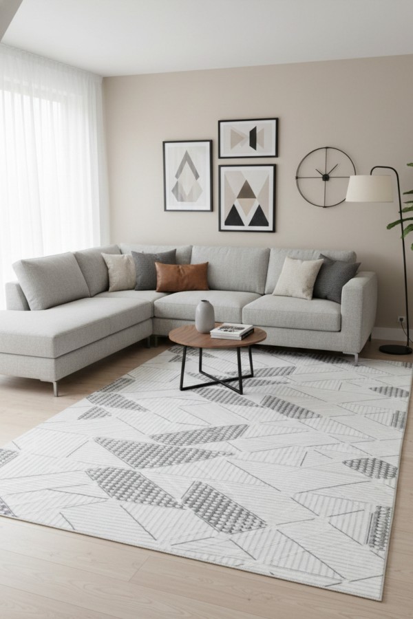 Gri Mutfak Halısı Ve Geometrik Desenli Kaymaz Tabanlı Modern Rulo Yolluk